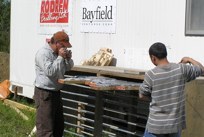 Geologist Bob Marvin and Shane Wu study results at Bayfield's Burns Block project. Source: Bayfield Ventures