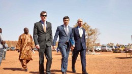 At the mid-January launch ceremony at the Bissa gold mine in Burkina Faso, from front left: Matthew Wilcox, Bissa Gold general director; Nikolai Zelensky, Nordgold CEO; and Philip Baum, Nordgold chairman. Source: Nordgold