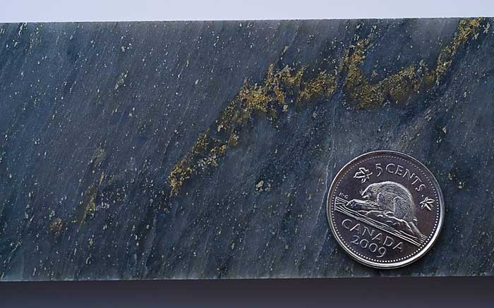 A core sample with visible gold from Rainy River Resources' namesake gold project in Ontario. Source: Rainy River Resources