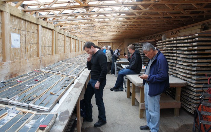 Visitors in the core shack at Integra Gold's Lamaque gold project near Val-d'Or, Quebec. Credit: Integra Gold.