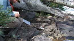 A geologist takes notes at Matamec's Zeus property in Quebec.