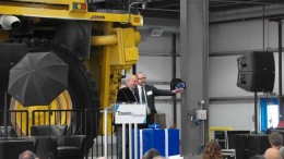 B.C. Minister of Energy and Mines Bill Bennett (left) joins Taseko Mines president and CEO Russell Hallbauer onstage at the company's Gibraltar mine-expansion celebration in B.C. Photo by Gwen Preston.