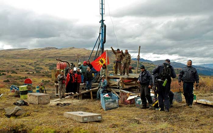 Elders, warriors and escorts representing the Tahltan Nation occupy a drill site in September at Fortune Minerals' Arctos coal project in northwest British Columbia. Photo by Tamo Campos.