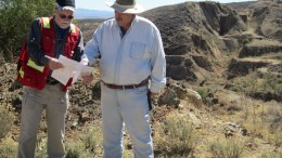 Defiance Silver CEO Bruce Winfield (left) and vice-president of exploration Richard Tschauder in front of the surface trace of the Veta Grande vein at the San Acacio silver project in Mexico's Zacatecas state. Photo by Salma Tarikh.