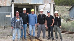 At the entrance to the historic Lower Deer Trail gold mine in Utah, from left: lead miner Shane Morrison, chairman Arthur Brown, president Michael Callahan, vice-president of exploration Eric Saderholm, CEO Warwick Smith and investor relations representative Erin Ostrom. Photo by Adrian Pocobelli.