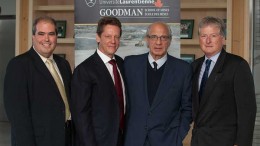 At the launch of the Goodman Talks public lecture series at Laurentian University in Sudbury, Ontario. From left: Laurentian University president Dominic Giroux; Ivanhoe Mines chairman and inaugural speaker Robert Friedland; Dundee Corp. CEO and Laurentian benefactor Ned Goodman; and Goodman School of Mines executive director Bruce Jago. Source: Laurentian University