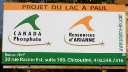 The sign for Arianne Phosphate's Lac  Paul phosphate rock project in Quebec. Credit: Arianne Phosphate