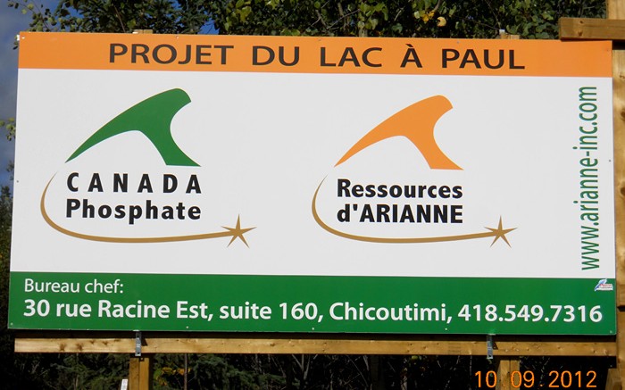 The sign for Arianne Phosphate's Lac  Paul phosphate rock project in Quebec. Credit: Arianne Phosphate