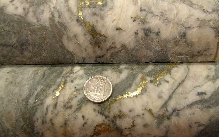 Drill core showing visible gold from Pretium's Brucejack project in BC. Credit: Pretium Resources