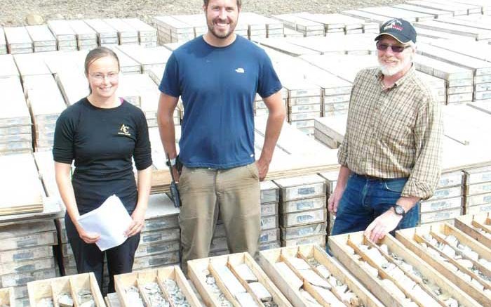 From left, geologists Julia Lane and Richard Phillips with ATAC Resources president Rob Carne, in the core storage area of the Rackla gold project in the eastern Yukon. Photo by Gwen Preston.