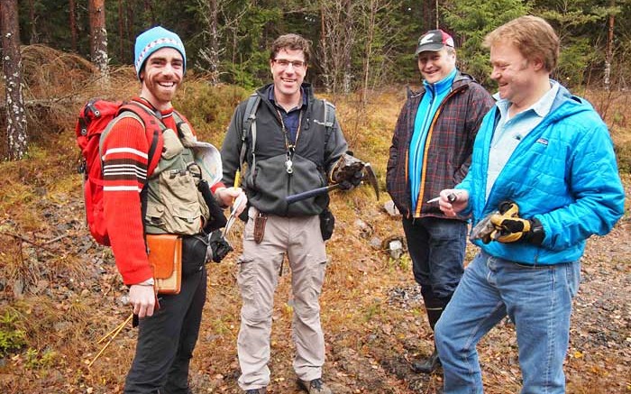 From left: Eurasian Minerals geologist Stefano Gialli, general manager of exploration Eric Jensen, logistics coordinator Anders Norrbck and project marketing manager Chris Greenhoot at the Gumsberg copper-gold project in Sweden. Photo by Gwen Preston.