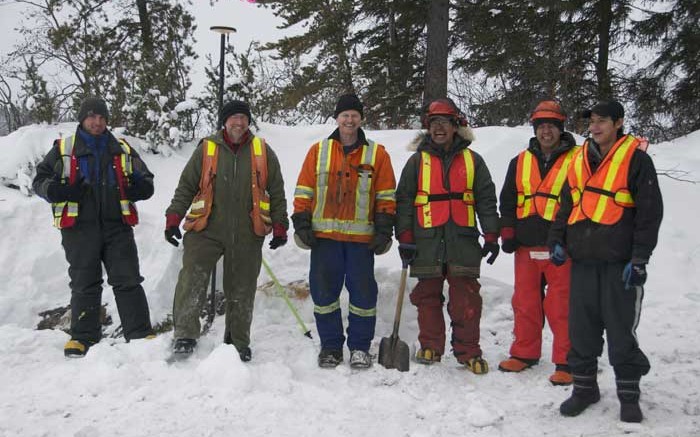 At the Weebigee gold project near Sandy Lake, Ontario, from left: geological technician Nick Bain, senior geologist David Jamieson, Minotaur Drilling's Kevin Holmgren, and field assistants Manashe Rae, Curtis Linklater and Dan-Dan Meekis. Credit: Goldeye Explorations