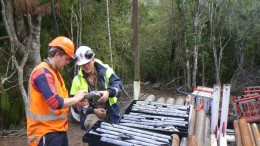 Geologists reviewing core at Antipodes Gold's WKP gold project in New Zealand. Credit: Antipodes Gold