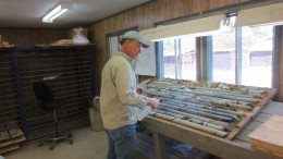Peter Harvey, senior project geologist, examines drill core from Temex Resources and Goldcorp's Whitney gold project. Credit: Temex Resources