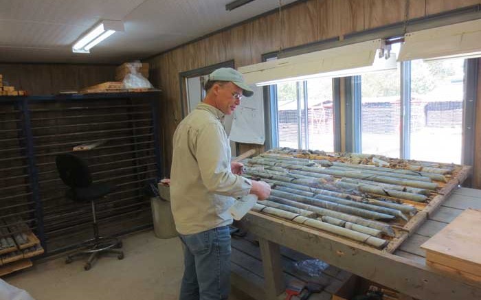 Peter Harvey, senior project geologist, examines drill core from Temex Resources and Goldcorp's Whitney gold project. Credit: Temex Resources