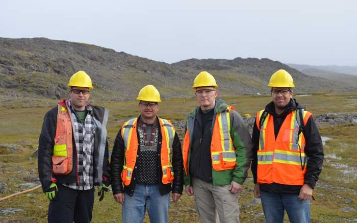 At the West Raglan nickel sulphide exploration project in northern Quebec's Cape Smith belt, from left: True North Nickel's Phil Smerchanski, vice-president of exploration; Donald McInnes, co-chair and CEO; Sean Tetzlaff, chief financial officer; and Alex Holmes, vice-president of business development. Credit: True North Nickel