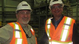 Detour Gold general manager of operations Chuck Hennessey (left) with president and CEO Paul Martin in the processing plant at the Detour Lake gold mine in Ontario. Photo by Trish Saywell.