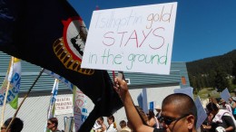 Opponents of Taseko Mines' New Prosperity copper-gold project protest at a public hearing in Williams Lake, BC. Photo by Gwen Preston.