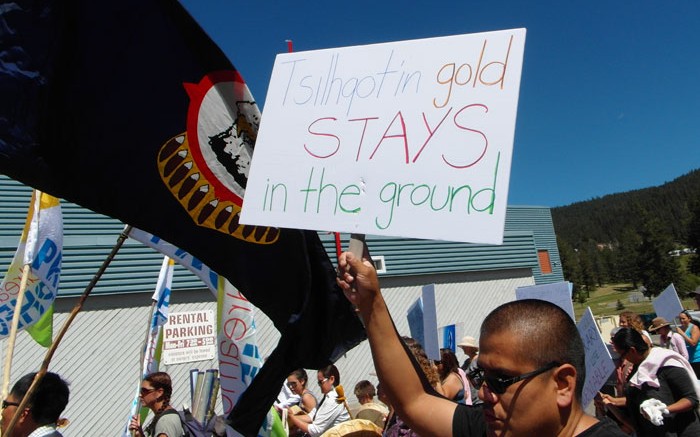 Opponents of Taseko Mines' New Prosperity copper-gold project protest at a public hearing in Williams Lake, BC. Photo by Gwen Preston.