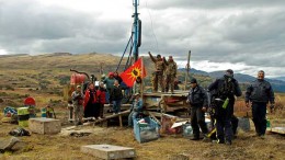 Elders, warriors and escorts representing the Tahltan Nation occupy a drill site in September at Fortune Minerals' Arctos coal project in northwest British Columbia. Photo by Tamo Campos.