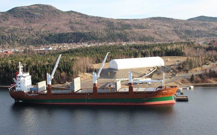 A vessel docked at Rambler Metals and Mining's Goodyear's Cove copper concentrate storage and shipping facility in Newfoundland. Credit: Rambler Metals and Mining