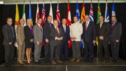 Almost all of Canada's mining, natural resources and energy ministers at Collge Boral in Sudbury, Ont., in August, from left: Scott Kent, Yukon; Dave Chomiak, Manitoba; Diana McQueen, Alberta; Zach Churchill, Nova Scotia; Andrew Younger, Nova Scotia; Michael Gravelle, Ontario; Bob Chiarelli, Ontario; Greg Rickford, Canada; Pierre Arcand, Quebec; Derrick Dalley, Newfoundland and Labrador; and David Ramsay, Northwest Territories. Credit: Ontario Ministry of Northern Development and Mines