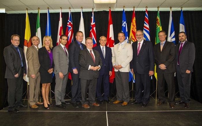 Almost all of Canada's mining, natural resources and energy ministers at Collge Boral in Sudbury, Ont., in August, from left: Scott Kent, Yukon; Dave Chomiak, Manitoba; Diana McQueen, Alberta; Zach Churchill, Nova Scotia; Andrew Younger, Nova Scotia; Michael Gravelle, Ontario; Bob Chiarelli, Ontario; Greg Rickford, Canada; Pierre Arcand, Quebec; Derrick Dalley, Newfoundland and Labrador; and David Ramsay, Northwest Territories. Credit: Ontario Ministry of Northern Development and Mines