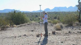 A geologist uses GPS to survey historic drill locations at Uranium Energy's Anderson uranium project , 121 km northwest of Phoenix, Arizona. Credit: Uranium Energy