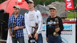 The top three finishers in the Ontario Jackleg Drilling Competition were awarded a statue of a jackleg driller. From left: Matt Sandrin, first place; Brian Scott, second place; and Roger Lamoureux, third place. Credit: North America Mining Expo