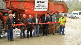 At the Reed mine opening, from left: Steve Polegato, Hudbay Minerals' small mines manager; David Garofalo, Hudbay president and CEO; David Chomiak, Manitoba Minister of Mineral Resources; Wesley Voorheis, Hudbay chairman; Robert Winton, Hudbay vice-president of Manitoba; John Roozendaal, VMS Ventures president and CEO; and Don Last, Reed project foreman. Credit: Hudbay Minerals