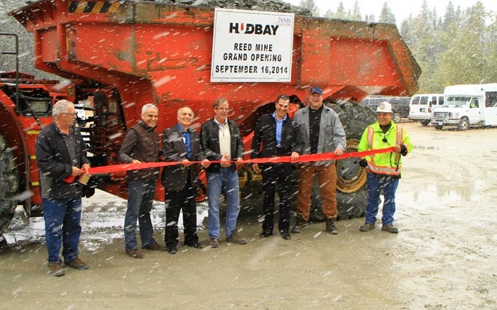 At the Reed mine opening, from left: Steve Polegato, Hudbay Minerals' small mines manager; David Garofalo, Hudbay president and CEO; David Chomiak, Manitoba Minister of Mineral Resources; Wesley Voorheis, Hudbay chairman; Robert Winton, Hudbay vice-president of Manitoba; John Roozendaal, VMS Ventures president and CEO; and Don Last, Reed project foreman. Credit: Hudbay Minerals