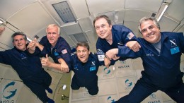 Enjoying zero gravity aboard a customized Boeing 727 in 2010, from left: McEwen Mining chairman Rob McEwen; filmmaker James Cameron; X Prize Foundation founder Peter Diamandis; high-tech billionaire Elon Musk; and Fox Filmed Entertainment chairman and CEO Jim Gianopulos. Credit: McEwen Mining