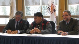 Sealing the deal, from left: Grand Chief Matthew Coon Come, Grand Council of Crees; Chief Matthew Wapachee, Cree Nation of Nemaska; and Guy Bourassa, Nemaska Minerals president and CEO. Photo by Trish Saywell.