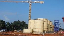 The carbon-in-leach and detox circuts under construction in October 2014 at Aureus Mining's New Liberty gold project in Liberia. Credit: Aureus Mining