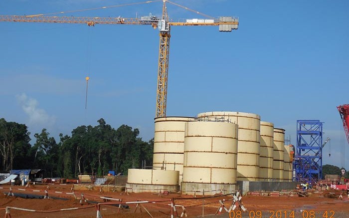 The carbon-in-leach and detox circuts under construction in October 2014 at Aureus Mining's New Liberty gold project in Liberia. Credit: Aureus Mining