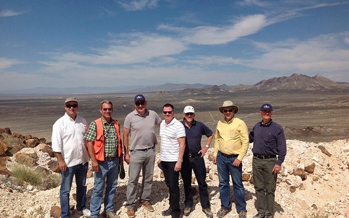 Standing on the Hasbrouck peak at West Kirkland Mining's gold project in Nevada, from left: Frank Hallam, CFO; Richard Histed, U.S. exploration manager; Michael Jones, president and CEO; Kevin Falcon, director; Pierre Lebel, director; Michael Allen, vice-president of exploration; and Sandy McVey, COO. Photo by Matthew Keevil.