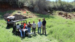 In the field at California Gold's Fremont gold project in Mariposa County, California, from left: Jason Scherf, field technician; Bryan Alexander, field technician; Jean-Francois Ravenelle, SRK geologist; Cary Griffith, on-site manager; and Simon Cliffe, SRK. Photo by Katie Lister.