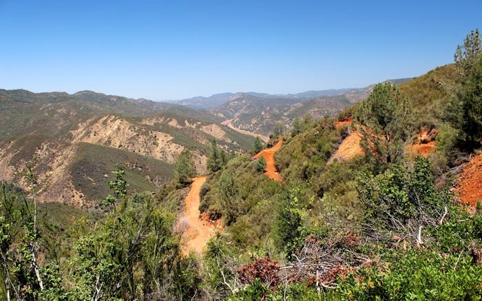 Looking north along drill roads at California Gold's Fremont gold project in California. Photo by Katie Lister.