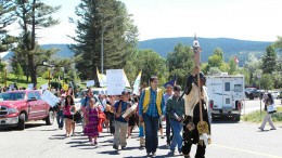 Opponents of Taseko Mines' New Prosperity copper-gold project protest at a public hearing in Williams Lake, British Columbia. Photo by Gwen Preston.