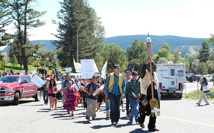Opponents of Taseko Mines' New Prosperity copper-gold project protest at a public hearing in Williams Lake, British Columbia. Photo by Gwen Preston.