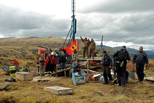 Elders, warriors and escorts representing the Tahltan Nation occupy a drill site in September at Fortune Minerals' Arctos coal project in northwest British Columbia. Photo by Tamo Campos.