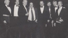 At a mining event in Toronto (circa 1989?), from left: Mort Brown, James Borland, Alfred Powis, Pat Sheridan, Bill James, Olav Svela, John Cooke and Steven Roman.