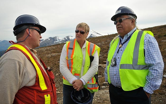 At the KSM gold-copper project in B.C., from left: Brent Murphy, Seabridge Gold's VP of environmental affairs; Caroline Findlay, legal counsel, formerly of Blake Cassels; and Harry Nyce Sr, director of Nisga'a Nation's fisheries and wildlife. Credit: Seabridge Gold