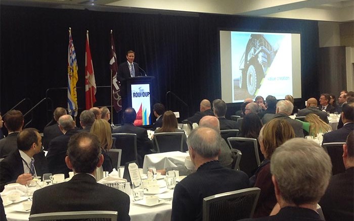 Goldcorp  president and CEO Chuck Jeannes gives a speech at AME BC's Roundup 2015. Photo by Matthew Keevil.