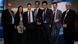 The Schulich School of Business team receiving their award for wining this year's "Battle on Bay" competition in Toronto, from left: Allen Goss, chair of finance, Ryerson University; Ophelia Chang, IT audit manager, Sunlife Financial; Schulich students Ron Burshtein, Jawad Shujaatali and Jonathan Kim; Ian Ball, president of Abitibi Royalties; and Ernie Lalonde, senior VP of DBRS. Credit: Ryerson University Finance Society