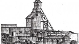 The headframe for shaft #3 at the Dome gold mine in Timmins, Ontario in 1980.  Illustration by Denis Newman