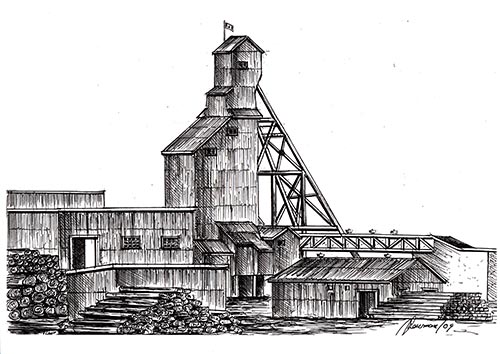 The headframe for shaft #3 at the Dome gold mine in Timmins, Ontario in 1980.  Illustration by Denis Newman