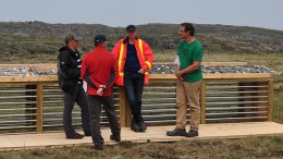 At Agnico Eagle Mines' Amaruq gold project in Nunavut in mid-2014, from left: Guy Gosselin, vice-president of exploration; Alain Blackburn, senior vice-president of exploration; Marc Ruel, director of mine geology and grade control; and Jerome Lavoie, project geologist. Credit: Agnico Eagle Mines
