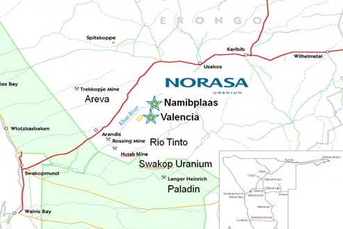 A map showing the surrounding regions of Forsys Metals' Norasa uranium project in central-west Namibia. Credit: Forsys Metals