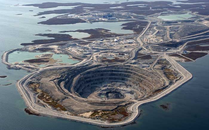 An aerial view of the Diavik diamond mine in the Lac de Gras region of the Northwest Territories. Credit:  Dominion Diamond